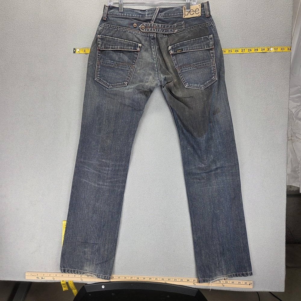 Vintage Lee Jeans Mens Blue Straight Button Fly Buckle Back Dark Wash Fits 32x33